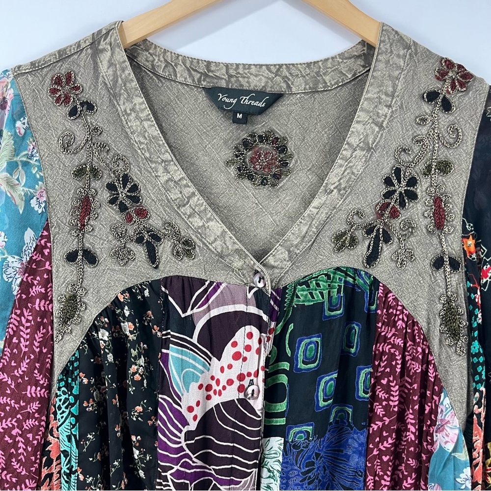 Boho Patchwork Button Down Blouse M | Embroidered… - image 3